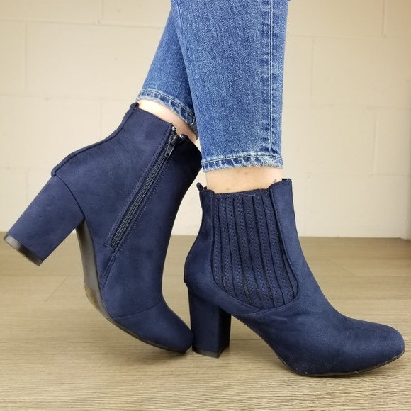 Shoes - Vegan Suede Navy Bock Heel Ankle Bootie